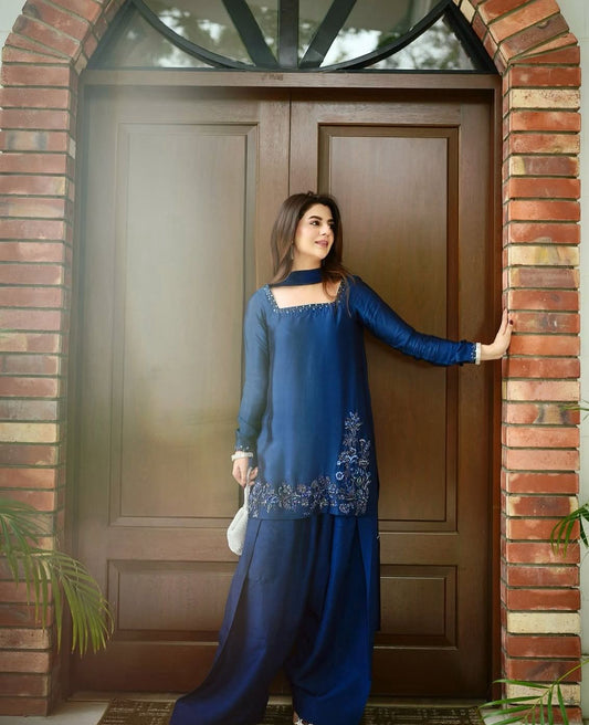 Luxury Embroidered Farshi shalwar suit-Navy