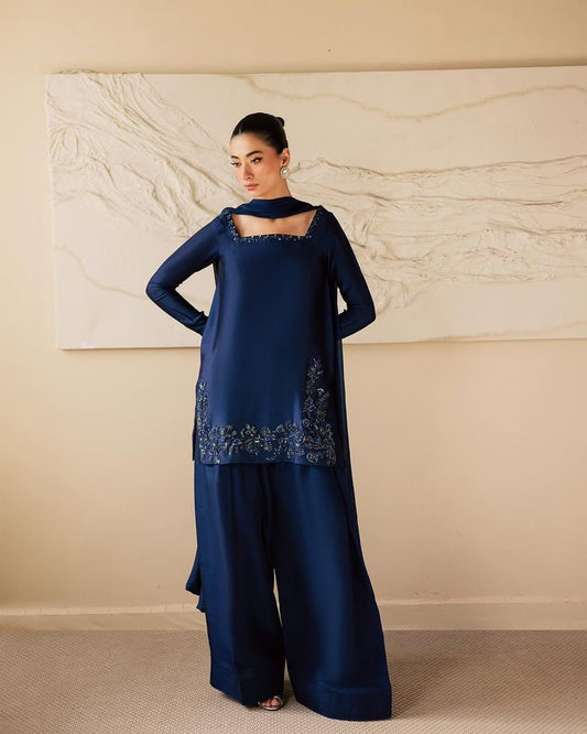 Luxury Embroidered Farshi shalwar suit-Navy